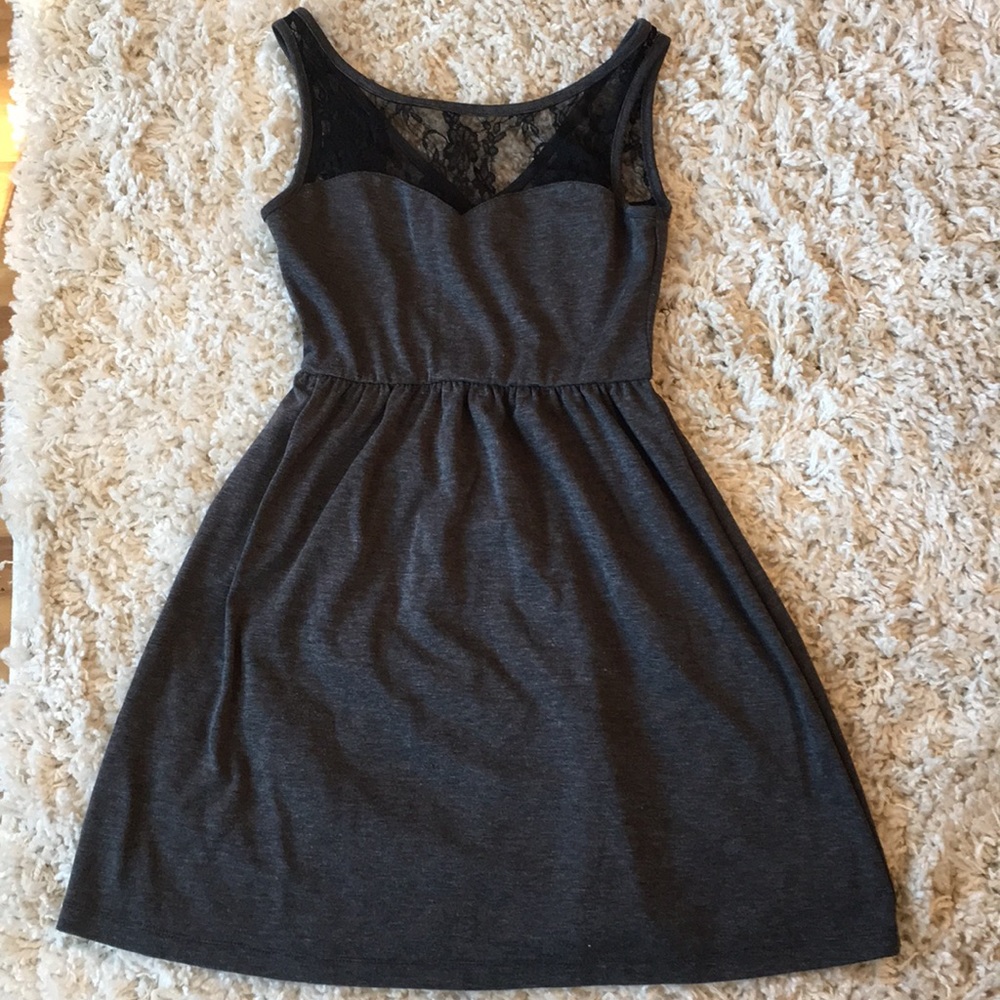 Gray dress with sweetheart neck, lace straps